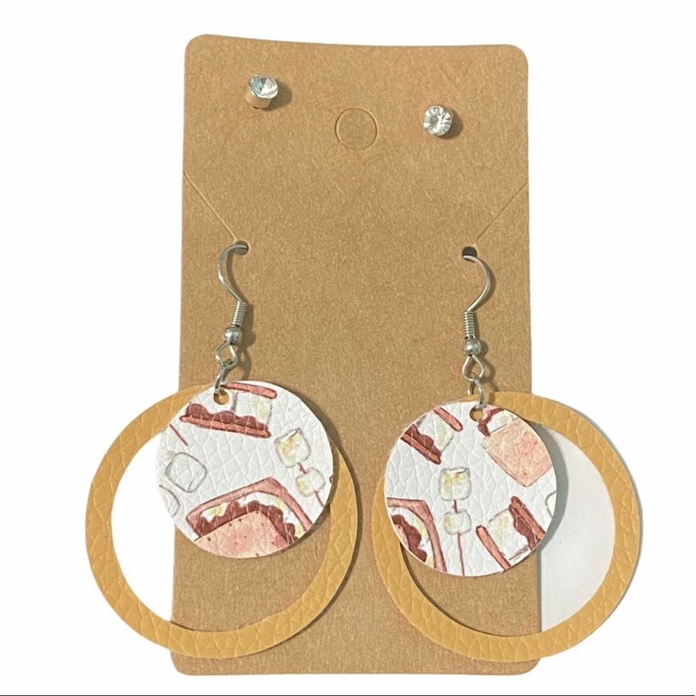 Dangle Statement Earrings Set Vegan‎ Leather Silver Crystal Studs S’mores White